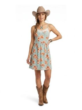 Mint Floral Spaghetti-Strap Mini Dress with Coral Blooms Cottagecore
